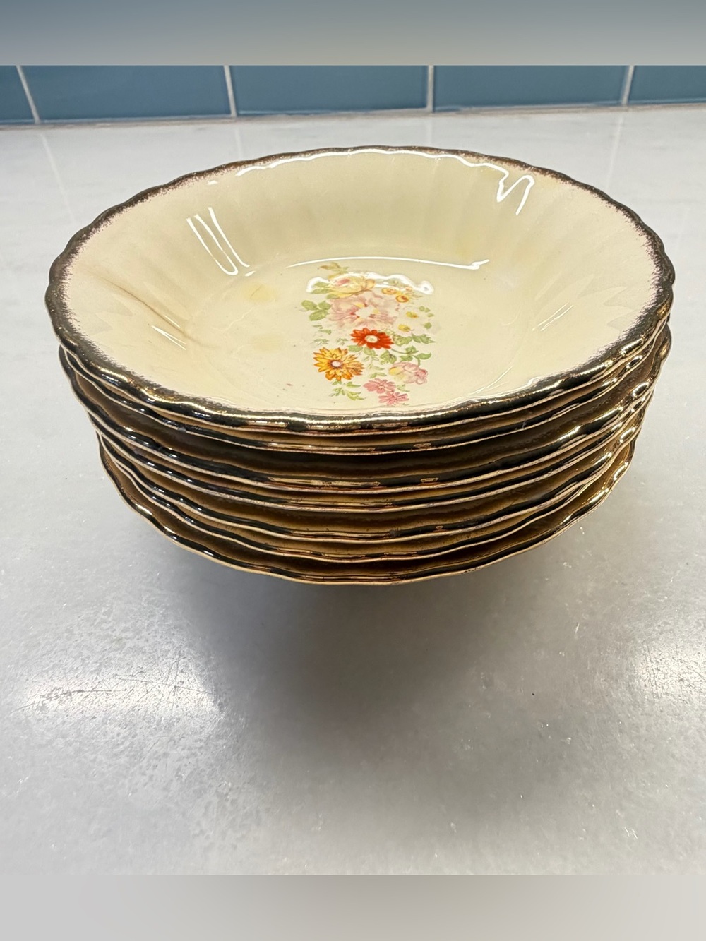 Vintage Du Barry Imperial Ware Set of 7 Floral Bowls 18K Gold Trim 5.25”